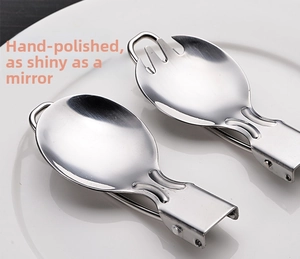 Macro view of mirror-polished foldable stainless steel spoon and fork set for camping
