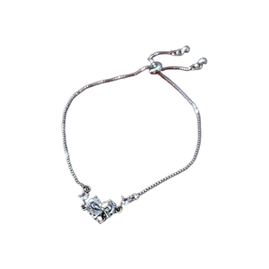Silver heart bow bracelet with adjustable drawstring and sparkling zircon stones