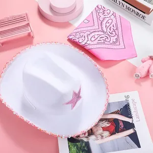 White cowboy hat with pink sequin star, felt texture and matching paisley bandana set