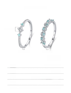 Detailed size measurement guide for s925 silver mint green rings showing ring band widths