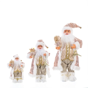 Standing Santa Claus figurines in rose gold sequins and white fur, three sizes set