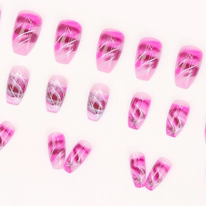 Rose red gradient press-on nails with silver abstract lines and marble effect