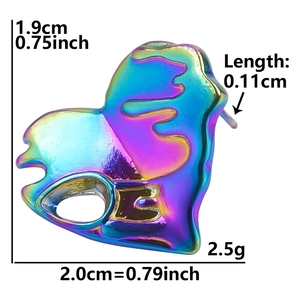 Detailed size chart for heart-shaped stainless steel earrings with iridescent metallic finish