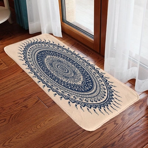 Rectangle flannel mat with blue mandala pattern on cream base on wooden floor