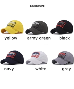 Muestra detallada de colores para gorras de algodón en amarillo, verde, negro, marino y gris