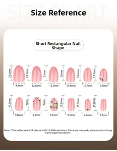 Size chart for short square press-on nails with bow and glitter rhinestones detail