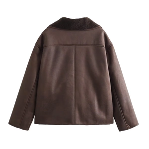 Flat lay back view of a dark brown faux leather jacket with lamb wool collar