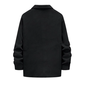 Detailed back view of black textured knit shirt jacket with a classic collar and long sleeves
