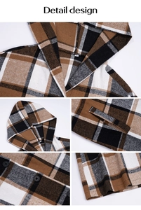 Detail view of the drawstring hood and black buttons on this checkered hooded jacket