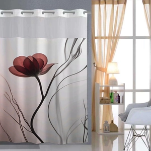 Detail of waterproof polyester shower curtain with red floral print and metal grommets