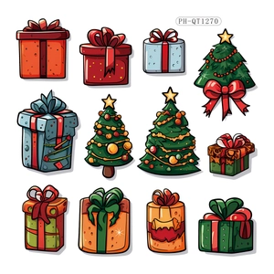 Christmas wall stickers set with colorful gift boxes and decorated holiday trees