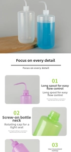 Detail of translucent wash bottle with precise measurement scales and curved nozzle
