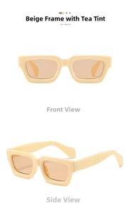 Front and side views of vintage beige chunky square sunglasses with brown tinted lenses