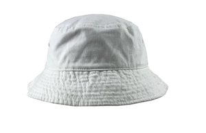 Detail shot of the textured white washed cotton fabric and stitching on this bucket hat