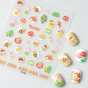 5D cartoon teddy bear and bee embossed nail art stickers with cute 3D mushroom house design