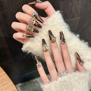 Matte brown leopard print coffin nails featuring luxury K9 rhinestones for women