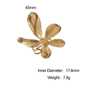 Polished 18k gold petal shaped stainless steel open ring with detailed size dimensions