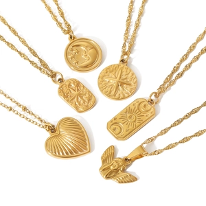 Luxury 18K gold plated stainless steel necklaces with moon and heart textured pendants