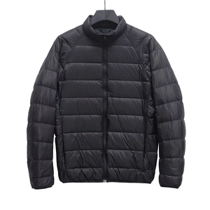 Classic black stand-collar puffer jacket with horizontal quilting and full-length zipper
