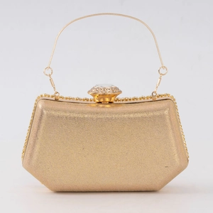 Elegant gold glitter evening clutch bag with sparkling rhinestone closure and top handle