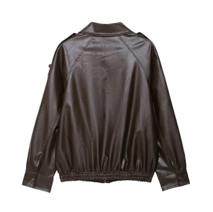 Deep brown faux leather bomber jacket for women featuring a classic casual back view