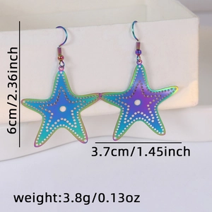 Macro view of colorful gradient starfish drop earrings with hollow pattern and dimensions