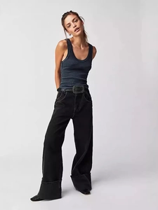 Women's navy ribbed tank top and black high-waisted wide-leg washed denim jeans set