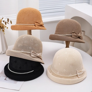 Chapeau Bob Tricoté Élégant Pour Femme Décor Künstliche Perle Nœud Creux Respirant Protection Solaire Style Français Cloche