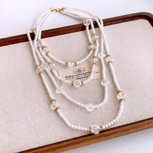 French vintage multi-layer pearl necklace with crystals and gold lobster clasp