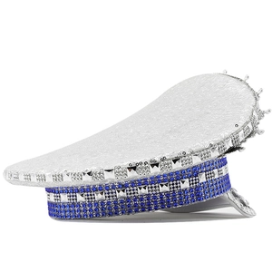 Navy captain hat featuring white sequins, blue rhinestones and silver fringe details