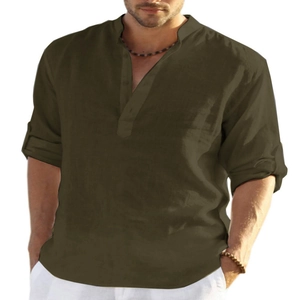 Detail of army green linen shirt showing mandarin collar and button placket design