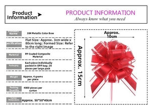 Detailed size chart for red metallic Christmas gift bows made of PP laminate material