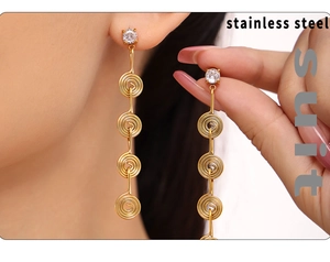 Macro detail of gold stainless steel spiral drop earrings with sparkling zircon inlay