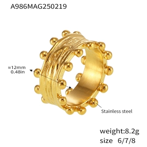 Detail of 18K gold plated stainless steel wide ring with sphere and textured finish