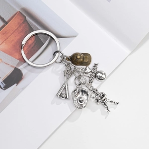 Vintage metal baseball keychain set with bat, glove, and player charm ornaments