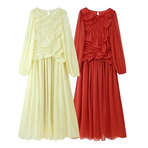 Long sleeve pleated maxi dresses in yellow and dark red with cinched waist design