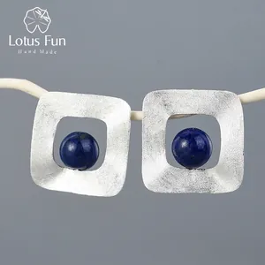 Minimalist S925 silver square earrings with natural blue lapis lazuli stone inlay