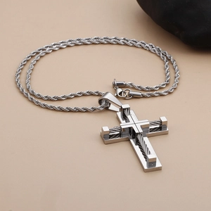 Men's silver stainless steel cross pendant necklace with twisted cable wire detail
