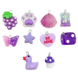 Set of 10 purple resin charms including grape shell and paw designs for DIY jewelry