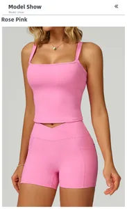 Detail of rose pink yoga set with square neck tank top and cross-waist shorts with side pockets