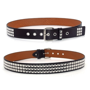 Punk black leather belt with three rows of silver pyramid studs and square pin buckle