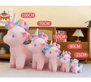 Size comparison of colorful unicorn plush toys in 25cm to 100cm options