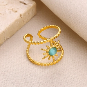 Detail of gold double-layer starburst ring featuring translucent green gemstone inlay