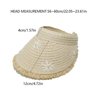 Detailed size chart of daisy raffia sun visor with 12cm wide brim and 56-60cm circumference