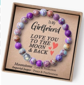 Close-up of Imperial Jasper and Moonstone beaded bracelet in a gift box for girlfriend