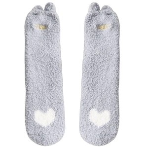 Gray coral fleece socks with white heart patterns and cute ear details for winter warmth