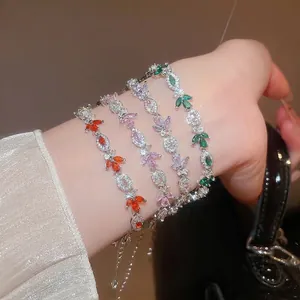 Elegant Leaf Shape Copper Bracelet For Women Inlaid With Sparkling Marquise Zircon Adjustable Luxury Fashion Jewelry