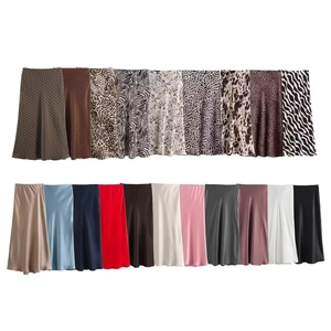 Women Satin Midi Skirt High Waist A-Line Casual Fashion Leopard Zebra Print Polka Dot Solid Color Streetwear