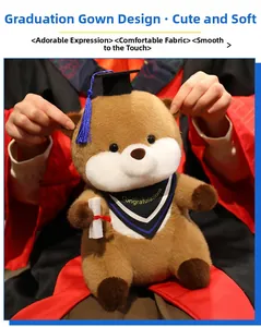 Detail of graduation otter plush with black mortarboard cap and blue tassel decoration