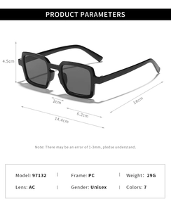 Detailed specifications of black square sunglasses with PC frame and AC lenses